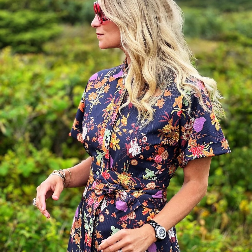 Elegant Floral Midi Dress - Navy and Purple